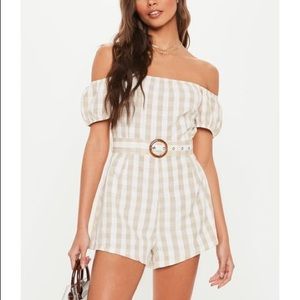 Missguided Stone Gingham Bardot Belt Romper